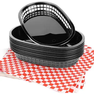 12 Pcs Black Fast Food Baskets and 120 Sheets 12'' Red Checkered Deli Liners, Classic Deli Baskets with Checkered Deli Papers