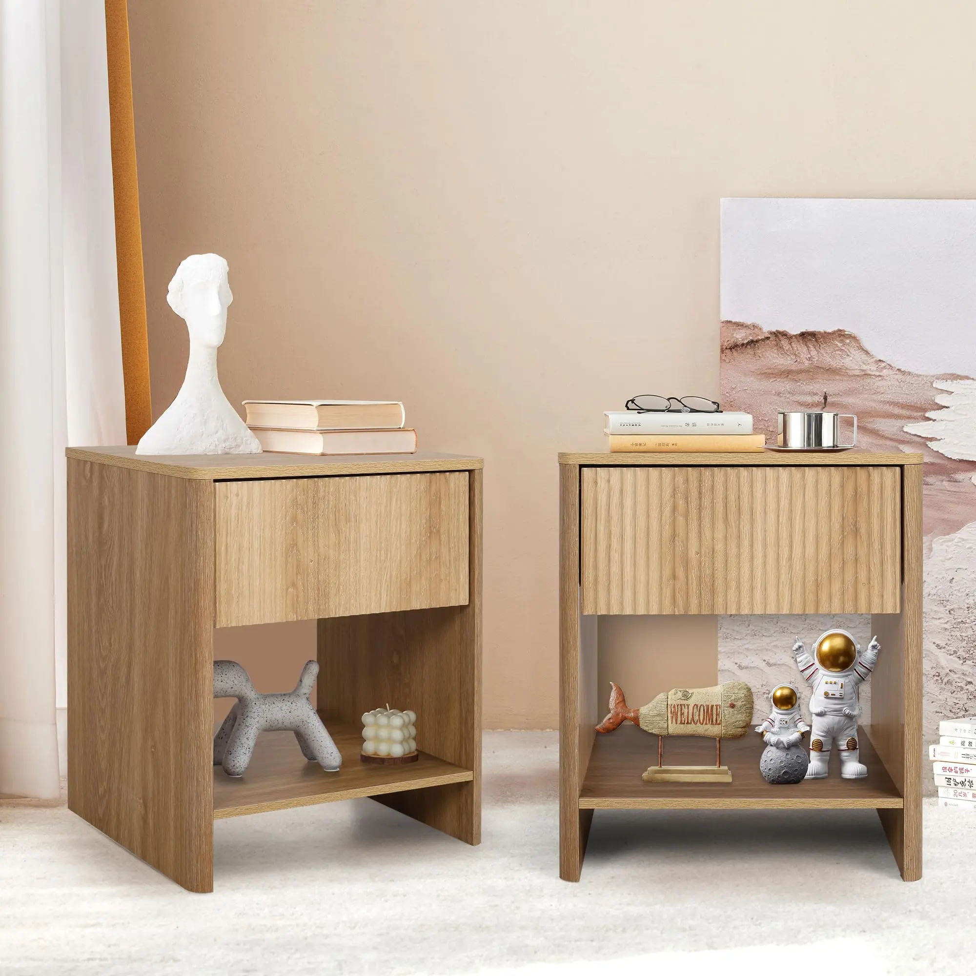 GiratreeFurniture 2 Sets Modern Night Stand, Boho Nightstand for Bedroom, Small End Table with Storage, Living Room/Bed Side Table with Drawer for Small Spaces, Fluted Cabinet Wood Nightstand