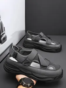 Men's Sporty Casual Breathable Mesh Sandals, Adjustable Sandals, Adjustable Slides, Thick Sole Comfortable Student Shoes, Versatile Summer Black Footwear for Daily Wear