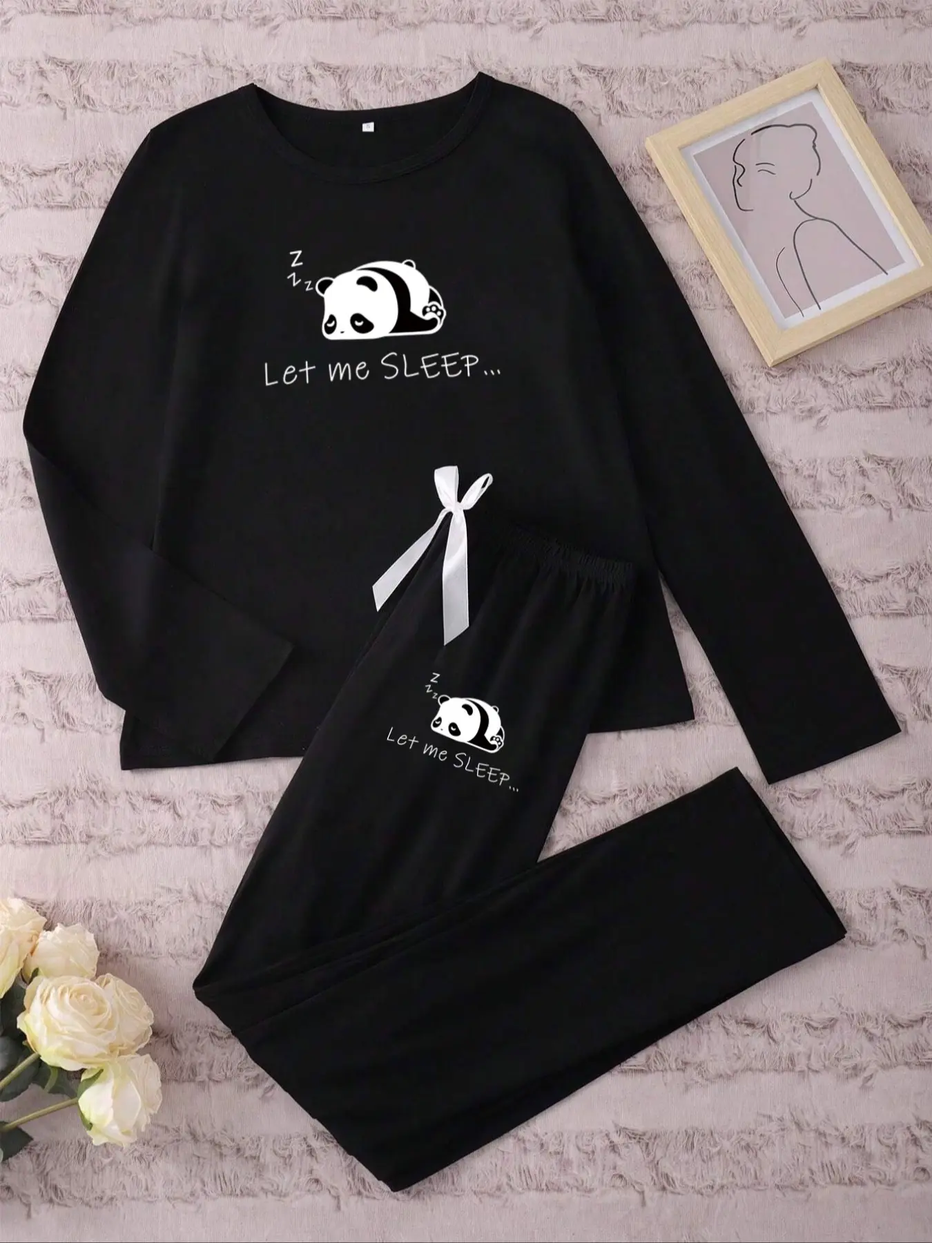 Women's Long Sleeve Sleepwear Set Loungewear Cartoon Panda Print, Casual Fitted Pajamas Pjs for Spring & Fall, Comfortable Knit Fabric
