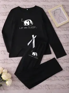 Women's Long Sleeve Sleepwear Set Cartoon Panda Print, Casual Fitted Pajamas for Spring & Fall, Comfortable Knit Fabric