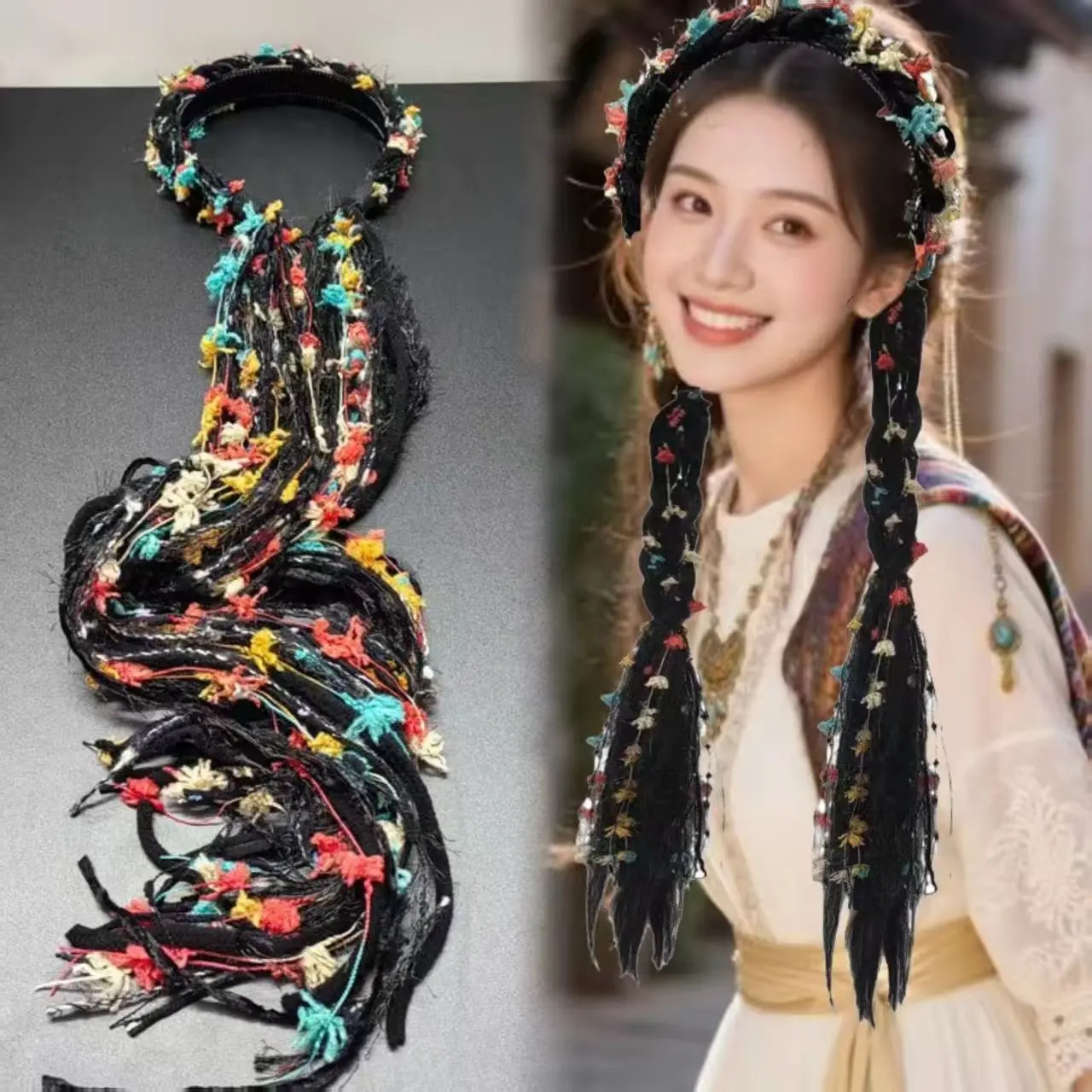 Hand-woven headband featuring a unique, exotic design; suitable as a hair accessory for ethnic dance performances or for styling braided hair.