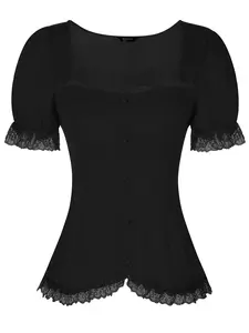 INSPIRE CHIC Victorian Shirt Sweetheart Neck Puff Sleeve Lace Up Gothic Blouse