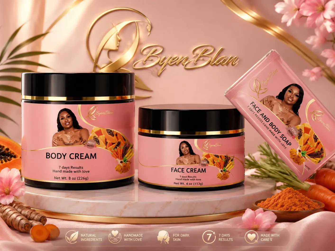 JNJ Beauty Byenblan 3-Pc Daily Care Set - Peau Noir Body Cream 8oz , 4 oz Face Cream, 4 oz Face & Body Soap