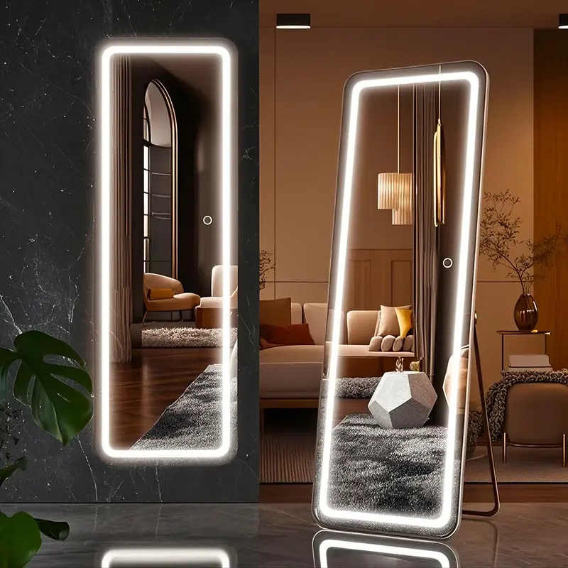 64"x21" Vertical Rectangle Floor Standing LED Vanity Mirror with Adjustable Stand - Dimmable 3-Color LED Lights, Shatterproof Glass, Aluminum Frame, USB-C, Room Decor, House Decor, Apartment Accessories, Home Improvement, Father's Day Gift