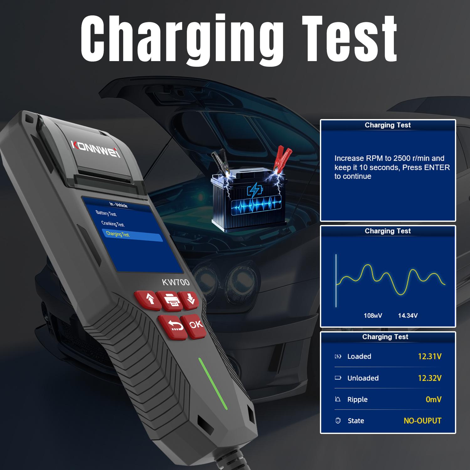 Car Battery Tester 12V 24V 100-2000CCA Lead-Acid Battery,KONNWEI KW700 Alternator Tester, Load Tester, with Built-in Printer, Spark Free Metal Clamps, Automatic Reverse Polarity Protection