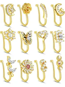 12Pcs Fake Nose Ring Nose Cuffs Faux Nose Rings Hoop for Women Nose Clip Inlaid CZ Nose Cuff Non Piercing Jewellery Set Rhinestone Nose Ring Nose Ring Jewelry