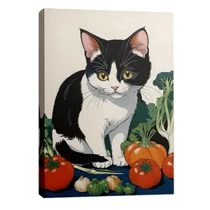 1pc Cute Tiger Cat & Vegetable Wall Art, Adorable Kitten with Tomato Carrot Broccoli Decor, Perfect for Kids Room Kitchen Living Room Pet