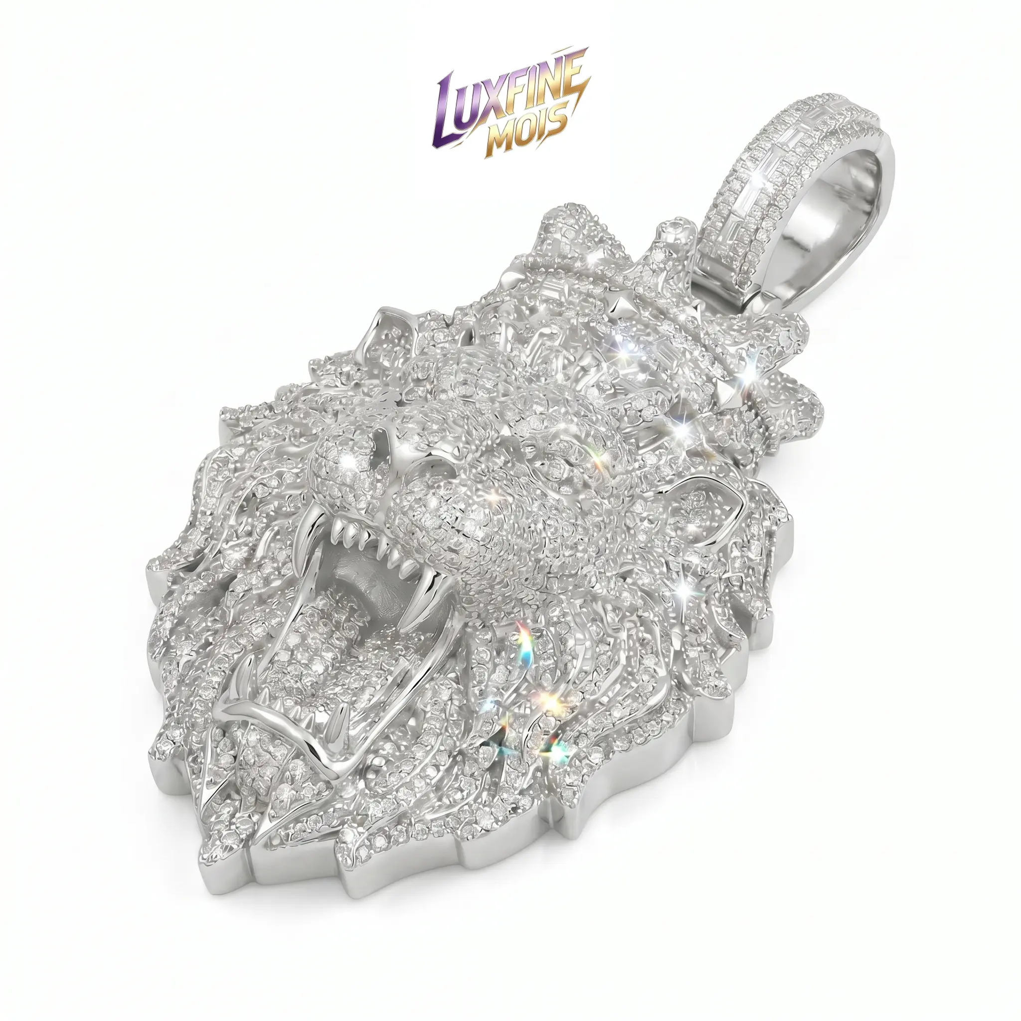 5.LUXFINE MOIS Medium size Iced Out Moissanite Lion Head Pendant, White Gold Plated Full Paved Hip Hop Necklace Pendant, Pass Diamond Tester for Men Women