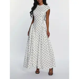 White Polka Dot Maxi Dress Womens Elegant Cap Sleeve Crew Neck A Line Long Dress Slim Fit Flowy Skirt Vintage French Style Party Wedding Guest Date Night Vacation Summer Streetwear Fashion Dress