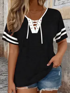 Fashion Lace-Up V-Neck T-Shirt Plus Size Casual Short-Sleeve Loose Fit Tops, Soft Breathable Fabric, Y2K Clothes Summer Outfits, Trendy Streetwear Daily Wear, Comfortable Relaxed Fit Sports Style Tops, Womenswear