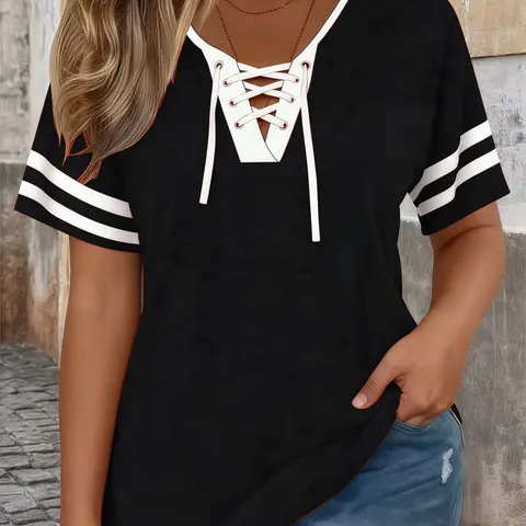 Fashion Lace-Up V-Neck T-Shirt Plus Size Casual Short-Sleeve Loose Fit Tops, Casual Tee Tops, Soft Breathable Fabric, Y2K Clothes Summer Outfits, Trendy Streetwear Daily Wear, Comfortable Relaxed Fit Sports Style Tops, Womenswear
