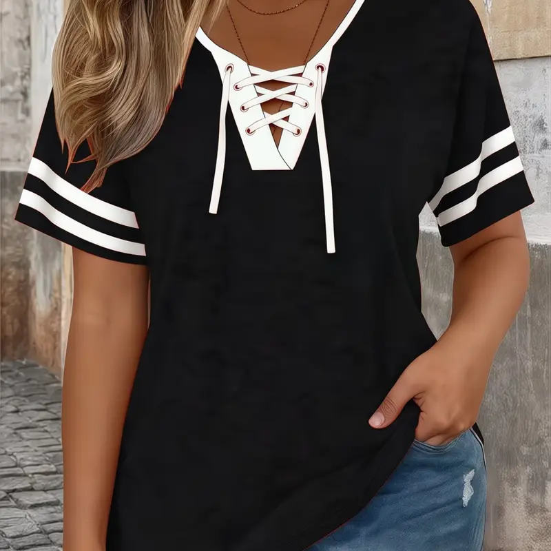 Fashion Lace-Up V-Neck T-Shirt Plus Size Casual Short-Sleeve Loose Fit Tops, Casual Tee Tops, Soft Breathable Fabric, Y2K Clothes Summer Outfits, Trendy Streetwear Daily Wear, Comfortable Relaxed Fit Sports Style Tops, Womenswear