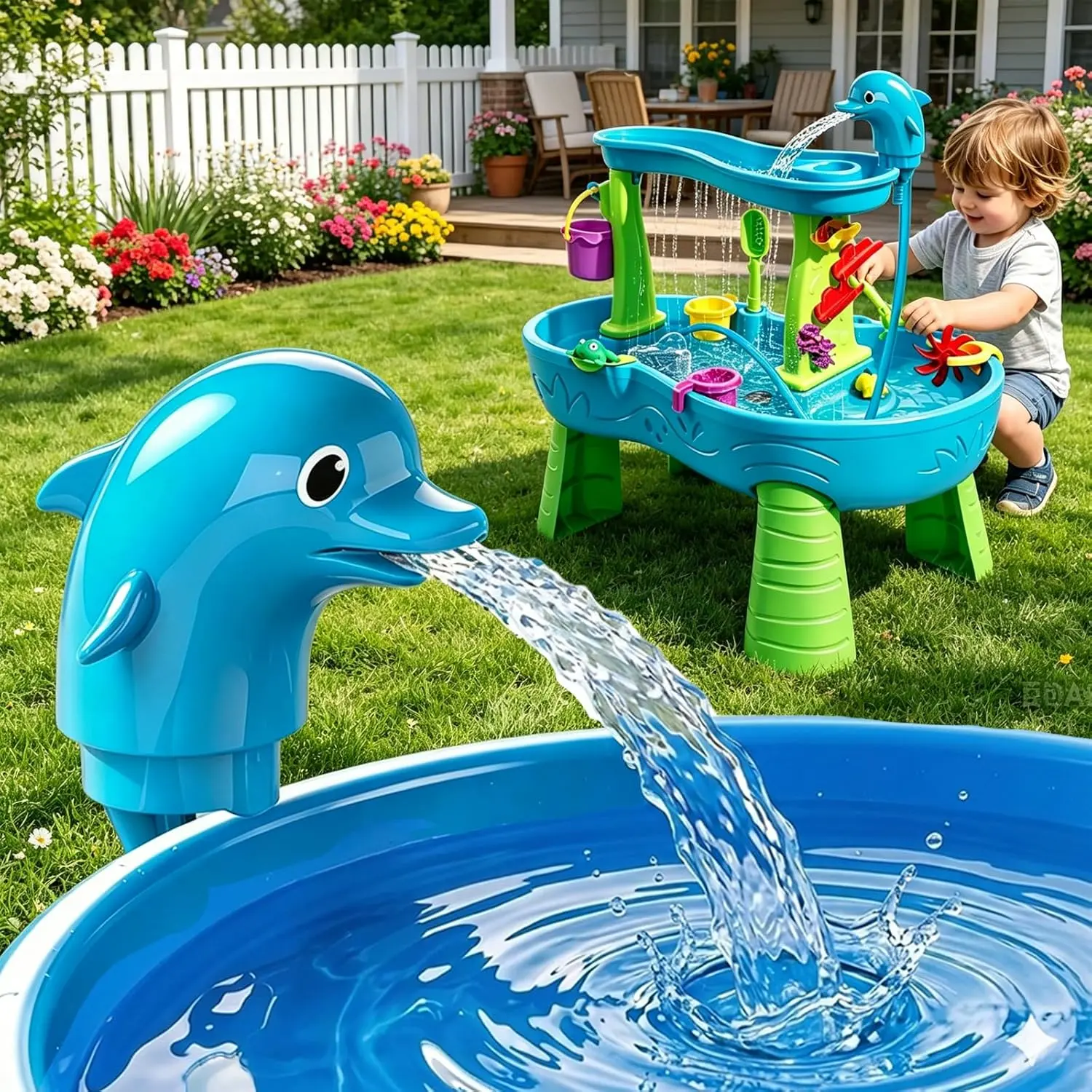 Water Table Pump with Huge Water Output, 4 Hours Non-Stop Fun, Battery Powered Continuous Flow, Edge-Locking Dolphins Design for Summer Outdoor Water Table Accessories for Toddlers Kids