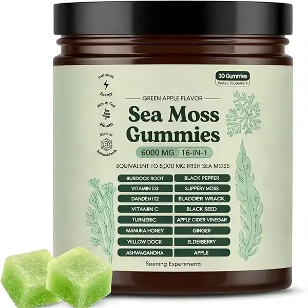 Sea Moss Gummies 16-in-1 - Ashwagandha Black Seed Oil Bladder Wrack Turmeric Vitamin C & D3 with Manuka Burdock Root Dandelion Yellow Dock Elderberry Apple Cider Vinegar (Green Apple)