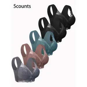5-Pack Front Closure Lace Bras Lingerie, Everyday Elegant No Underwire Push-Up, Breathable Floral Lace Details, Medium Support Backless Bra Fit Style