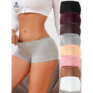 8PCS Cotton Solid Color Comfortable Minimalist Women's Boyshorts, Threaded Cotton Underwear Fabric Panties