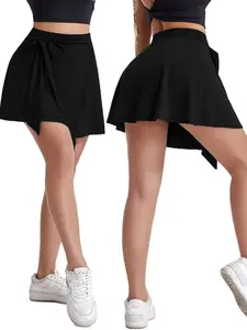Plus Size Solid Bow Waist Skort with Pocket, Casual Style