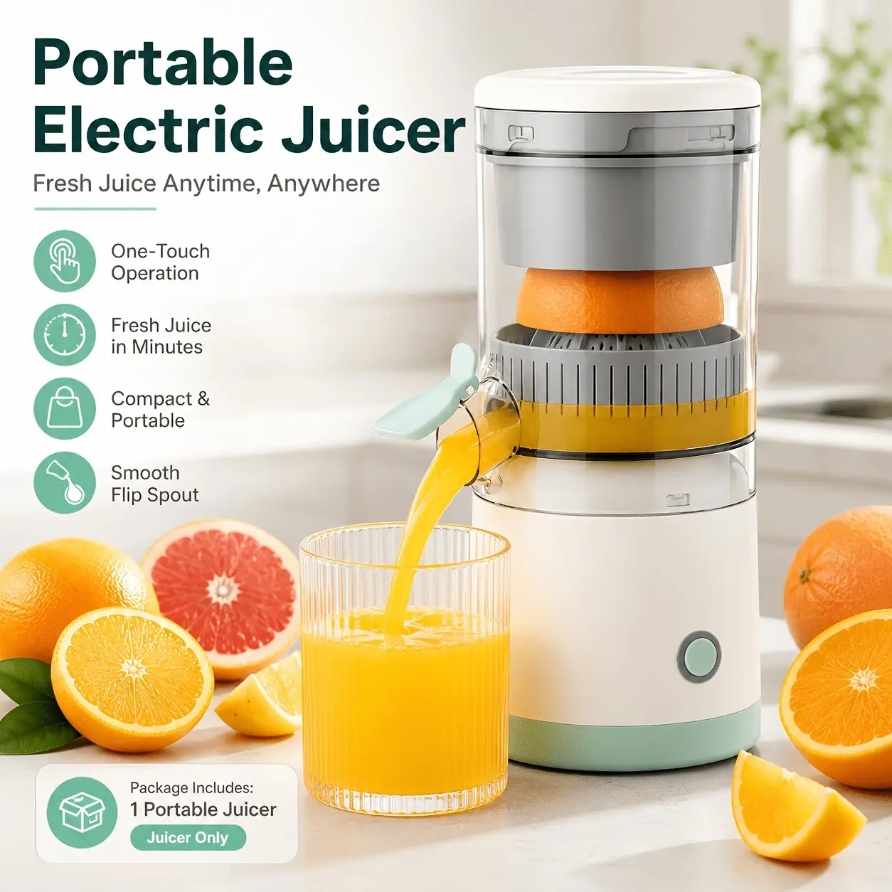Compact Juicer - 1-Touch Citrus Press Fruit Juice Extractor, Car Interior Mountable Accessory, Visible Chamber, Removable Parts for Easy Cleaning