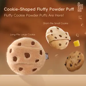 GUOXIAONIU 1pc/2pcs Fluffy Powder Puff Set - Cute Brown Cookie Design with Long/Short Plush, Soft Velvet Makeup Sponge for Loose Powder & Setting, Basic Cosmetic Tool, Perfect Gift for Girls, Beauty Accessory