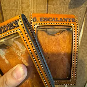 Leather Badge holder , customizable, different color option on leather, Tan, black, Red, turquoise, pink.