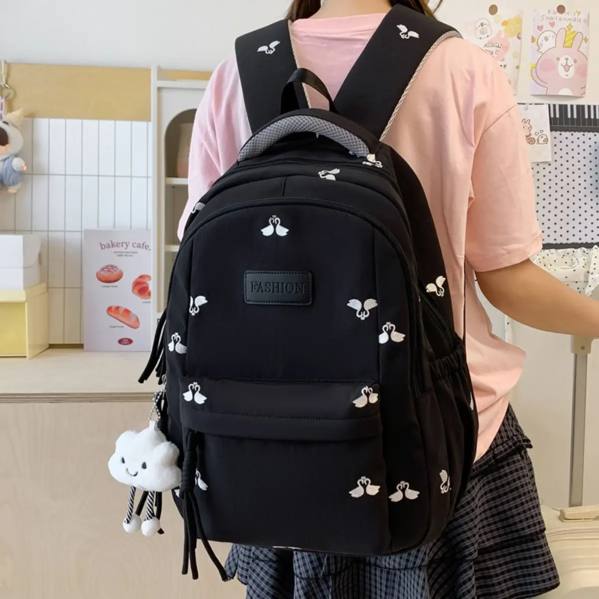 Womens SuperBreak Plus FX Backpack, Embroidered Bows Black