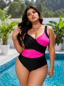 2026 Summer Fashion Black & Pink Contrast Swimsuit - Luxurious one-piece swimwear designed for curvy girls, perfect for vacations, pool parties and other occasions