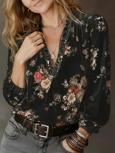 Women's Floral Print Long Sleeve Shirt, Elegant Commuter Blouse, Button Front, Slim Fit, Business Casual Wear, Fall Fashion