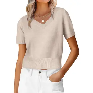 ANRABESS Womens Short Sleeve Sweaters Cropped V Neck Business Casual Lightweight Sweater 2026 Summer Spring Clothes
