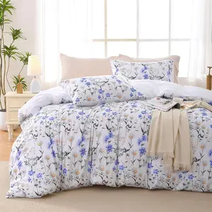 JOLLYVOGUE Duvet Cover Queen Size, Reversible Floral Vintage Duvet Cover Set with Zipper Closure, 3 Pieces Botanical Patterns Soft Microfiber Bedding Set (90"x90", 2 Pillow Cases, Purple Blue Daisy)