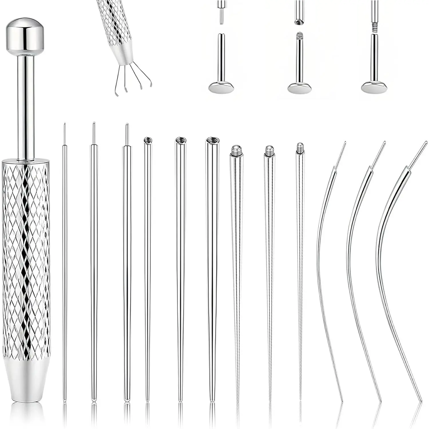 Piercing Tapered Ball Grabbing Tool for Jewelry Replacement - 14G 16G 18G 20G Stainless Steel Flat Back Earring Applicator Tool Threaded, Internal Threaded, External Threaded Body Piercing Insertion Needle Kit for Ear/Nose/Navel/Nipple/Lip/Eyebrow/Tongue