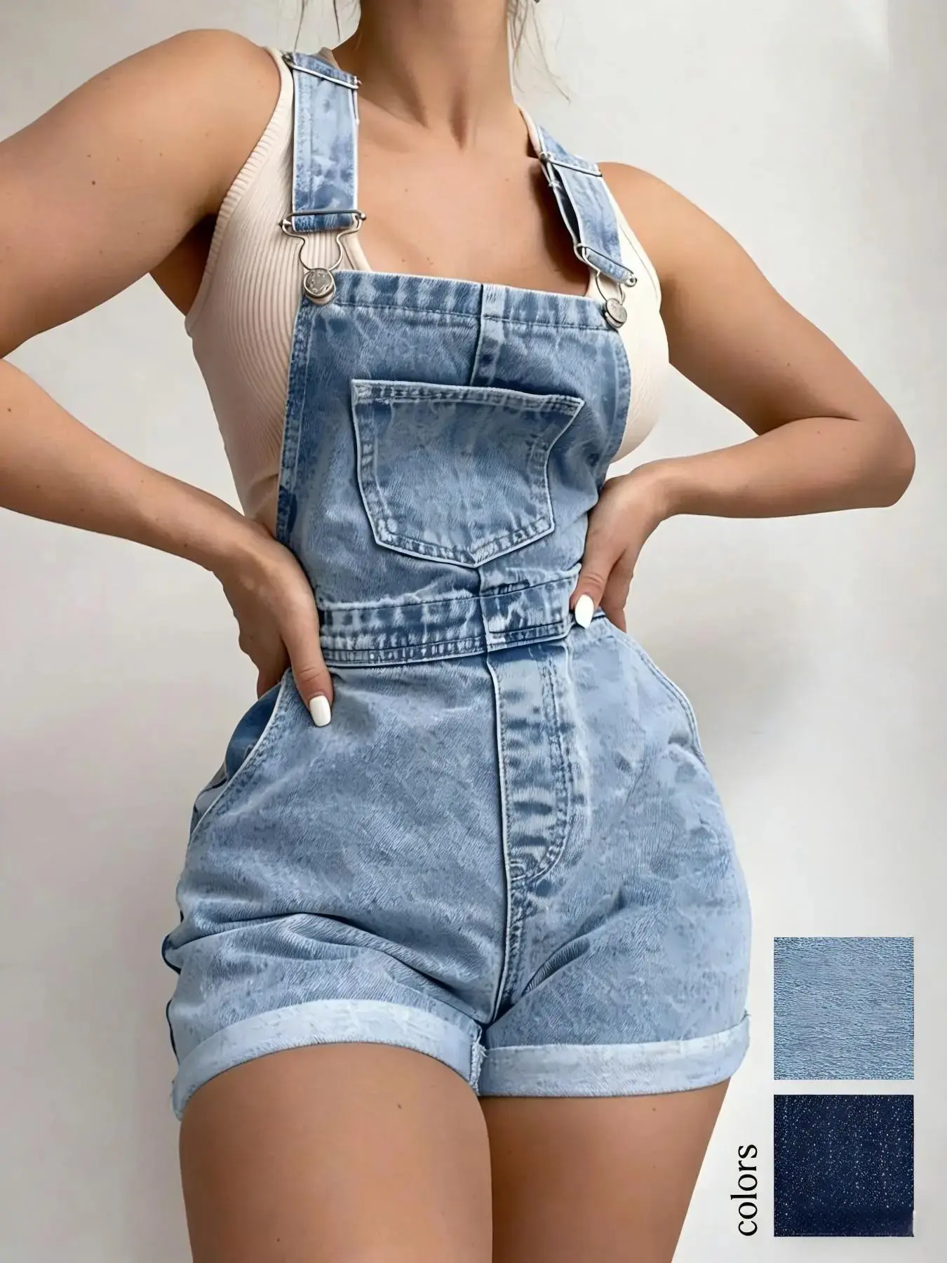 American Vintage Light Wash Light Blue Denim Strap Backless Overalls Shorts, High-Waisted Roll-Up Hem Slimming Casual Style, Loose-Fitting Women's Summer Wear
