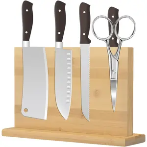 Magnetic Knife Block 28 x 19 Inches, Double Sided Magnetic Knife Holder Rack for Kitchen Counter, Acacia Wood Magnetic Knife Storage Stand with Knife Sharpener