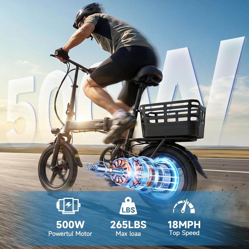 500W Motor Electric Bike , 14” Folding Electric Bicycle , 18MPH Top Speed, 36V 12Ah Removable Battery, 30-Mile Range, Adjustable Handlebar & Seat, 3 Riding Modes