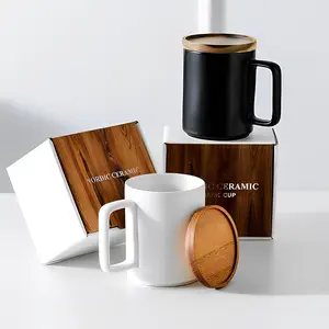 Large 15oz Nordic Matte Black White Blue and white with marble gain Ceramic Coffee Mug with Wooden Lid, Premium Gift Box, Perfect for Tea, Coffee, and Hot Beverages.