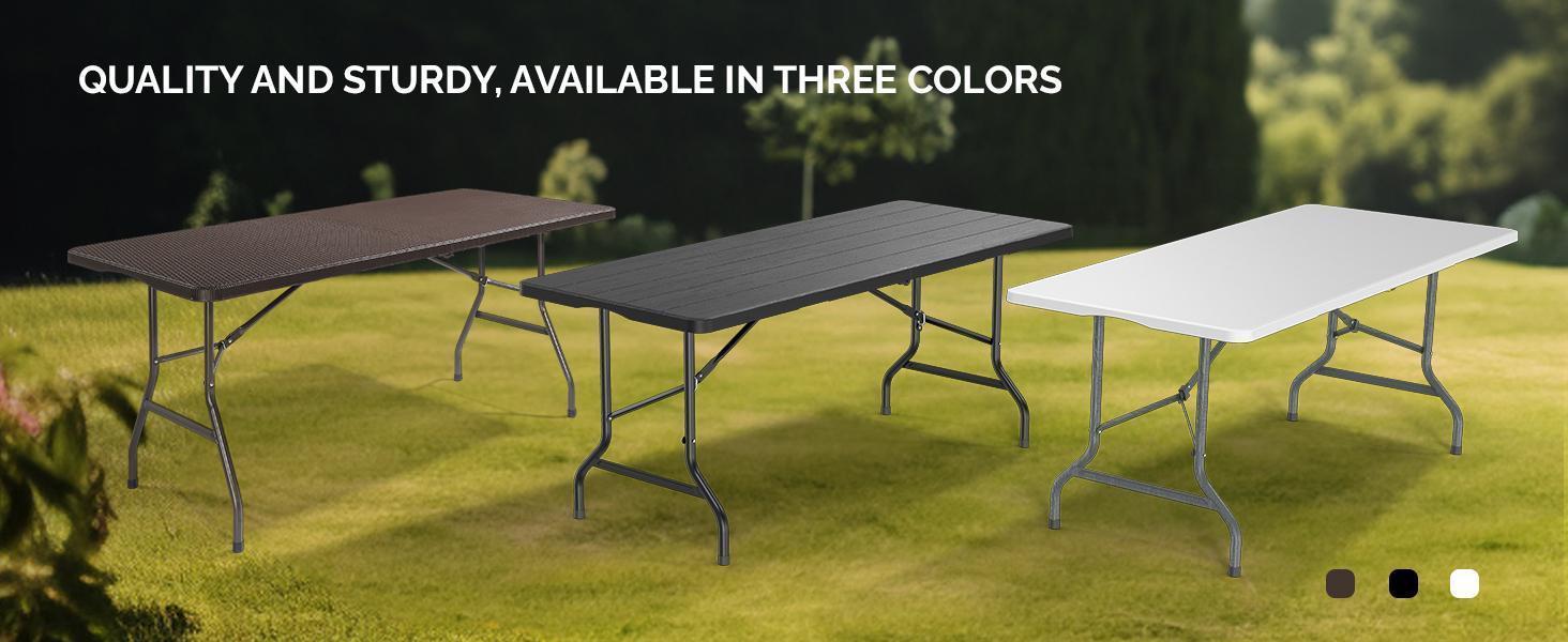 VINGLI 4/6/8 Foot Plastic Folding Table Portable Long Table for Indoor Outdoor Use Rectangular with Carrying Handle, Smooth HDPE Tabletop, White/Brown/Black