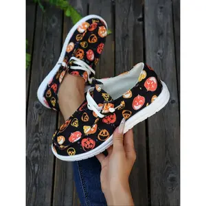 Halloween Pumpkin Spider Web Print Low Top Canvas Shoes for Women, Versatile Casual Sneakers, Spring & Fall Fashion Footwear