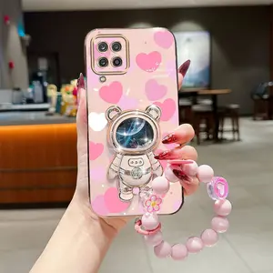 A12 Impact Resistant Protective Plating Love Bead Strap Lanyard Phone Holder Case Protector Accessories For Compatible With Samsung Galaxy A12 Pink Love Heart Romantic Atmosphere Bear Stand Cover Smartphone