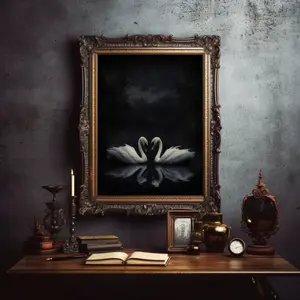 Dark Moody Swans Wall Art – Gothic Cottagecore Print, Whimsigoth Aesthetic Poster, Atmospheric Dark Academia Decor, Unframed
