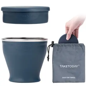 TakeToday Collapsible Travel Cup - Silicone Foldable Water Cup, BPA-Free with Lid & Waterproof Bag - Drinking Cup Set for Camping, Outdoors & International Travel（8 Oz, Navy）