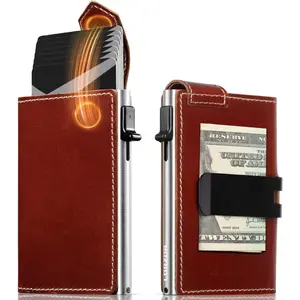 Slim Wallet for Men with  Latch, Pop Up Metal Card Holder Wallet, Finest Full Grain Leather Bifold Wallets, , Minimalist, RFID Blocking, Front Pocket, ID Window