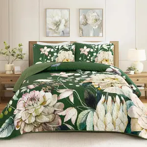Floral Quilt Set  Size Green Botanical Bedspread Coverlet Set 3 count Soft Lightweight Flower Quilt Bedding Set for All Season, 90"x96"