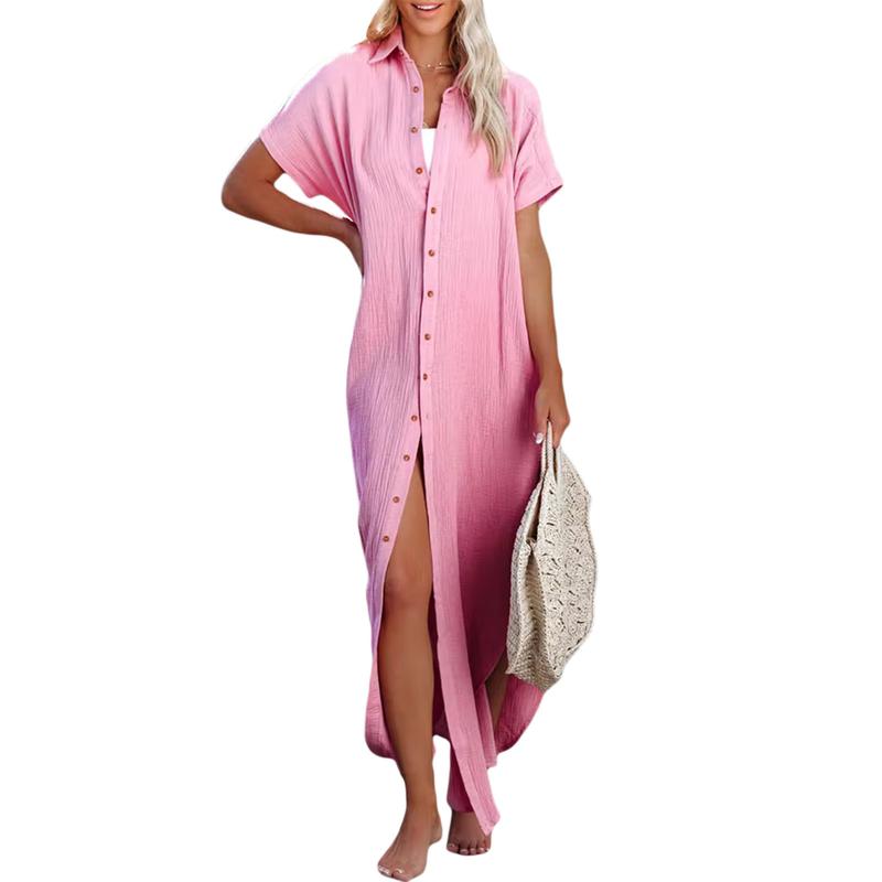 Women Maxi Shirt Dress Short Sleeve Button Down Long Kimonos Cardigans Side Slit Loose Cover Up Beach Sundress