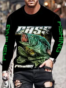 Men's Quick-Dry Dry Fit Performance Fishing Long Sleeve Shirt, Round Neck, Fish Print, Sporty Style, Fitted Design, Ideal for Hiking & Outdoor Activities