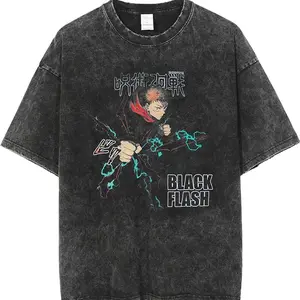 "BLACK FLASH" - Jujutsu Kaisen Yuji Anime - Oversized Vintage / Acid Washed T-shirt X11