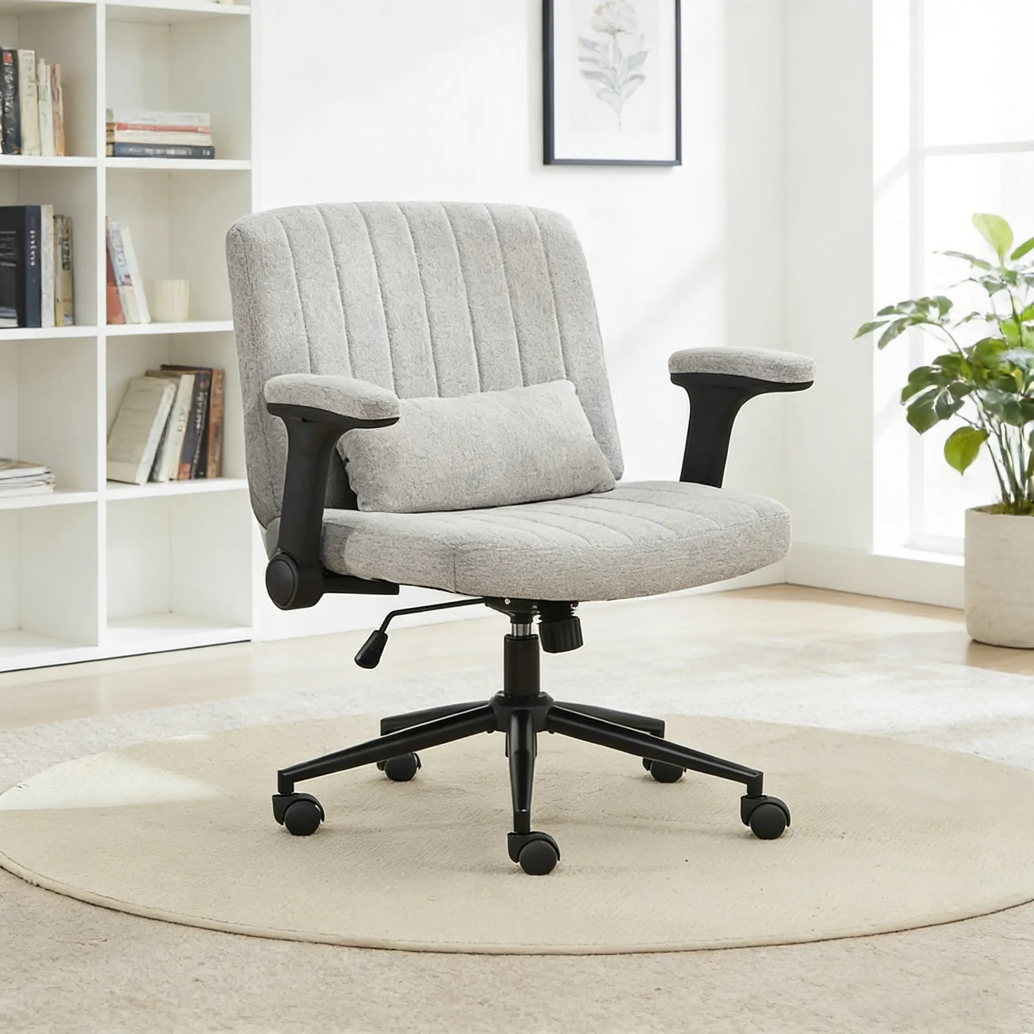 Criss Cross Chair with Adjustable Arms and Wheels, Comfort Ergonomic Cross Legged Office Desk Armchair with 3 Layer Cushions, Wide Seat Vanity Chair for Home Office, Living Room, Bedroom