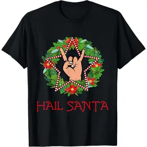 Hail Santa Heavy Solstice Gothic Christmas Wreath Pagan T-Shirt, 100% Cotton, Single Side Printed, Black Short Sleeve T-shirt, 1 pc, Christmas Halloween Thanksgiving Gift