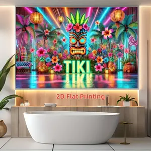 2D Flat 1PC Polyester Neon Tiki Theme Banner, Tropical Totem, Palm Tree & Floral Design, Perfect for Indoor/Outdoor Pool Party, Hawaiian Luau Event, Tropical Themed Birthday, Bar Decor, Summer Bash & Photography Backdrop, Multi-Size Available