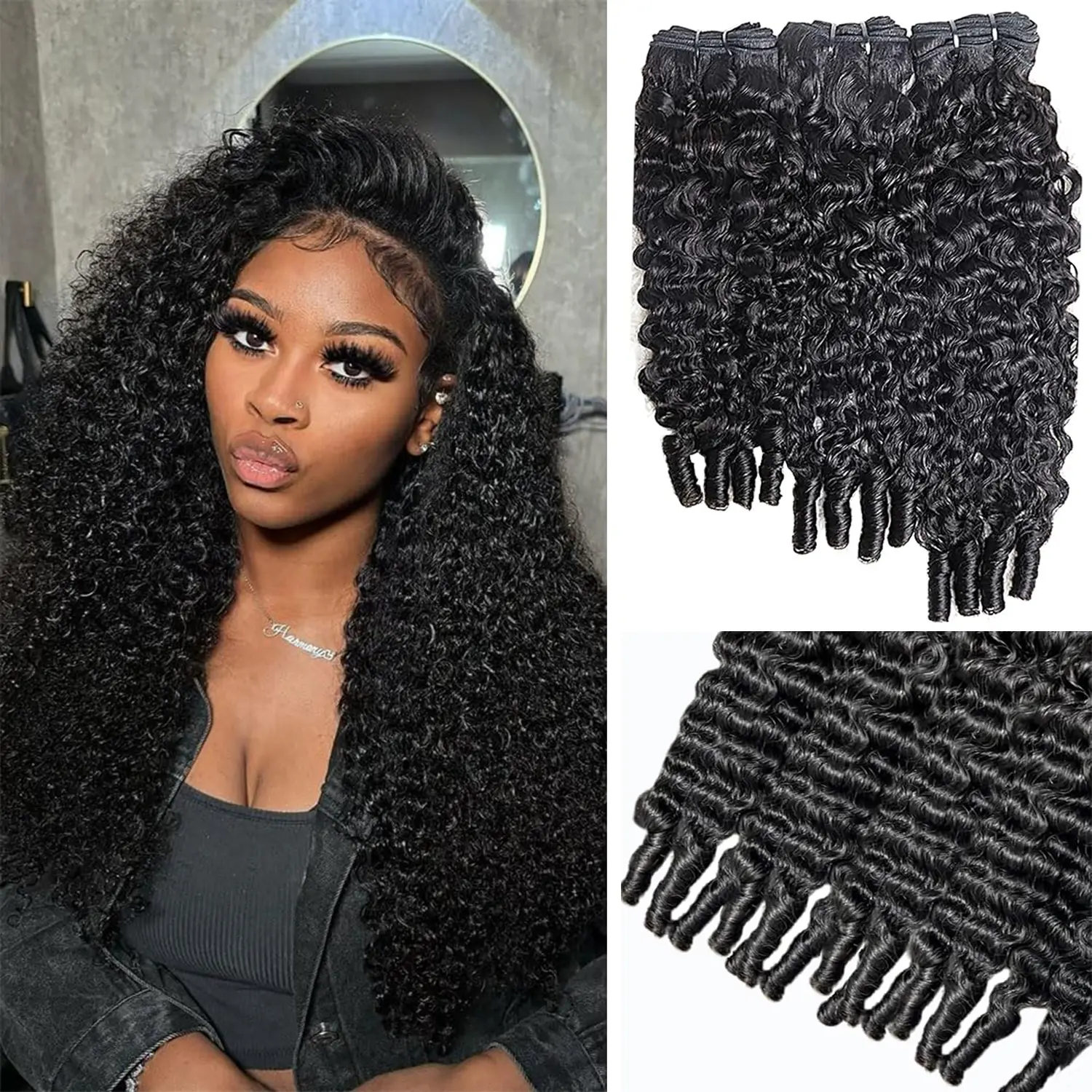 Burmese Curly Bundles Human Hair 16 18 20 Inches Quick Weave 3C4A Deep Wave Human Hair Bundles with Spiral Curly End 100% Human Kinky Curly Bundles in Hair Extensions Natural Black