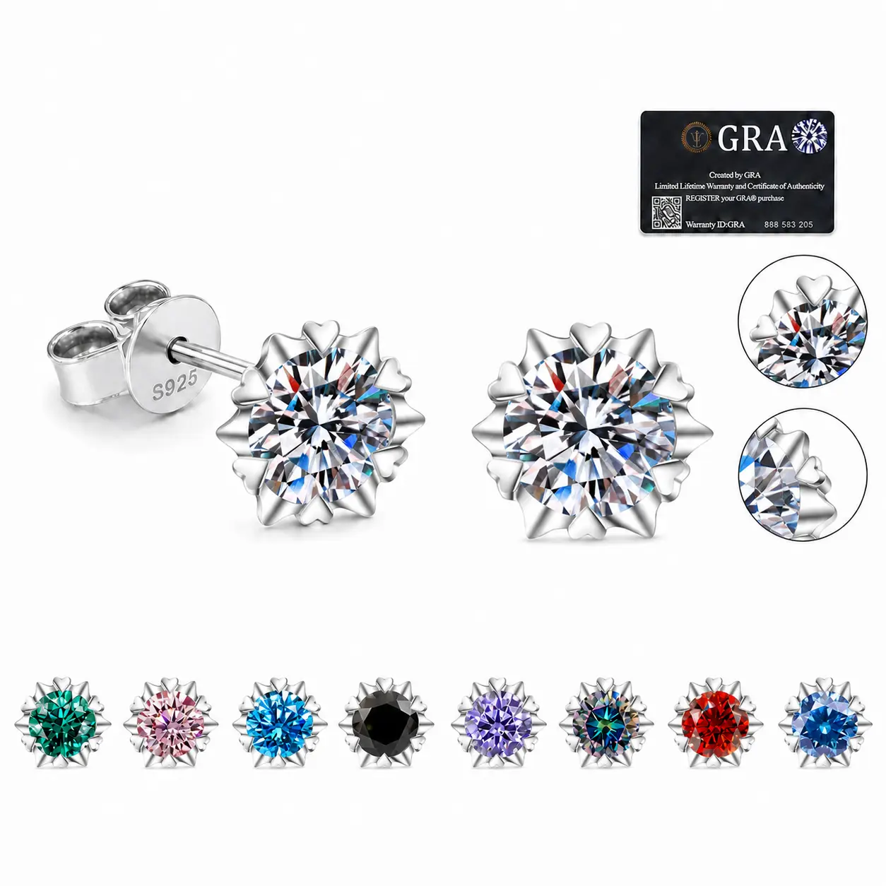 Women's S925 Sterling Silver Heart Prong Round VVS Moissanite Stud Earrings, Multicolor, Butterfly Back, Romantic Happy Birthday Female Gift, 0.5Ct+0.5Ct